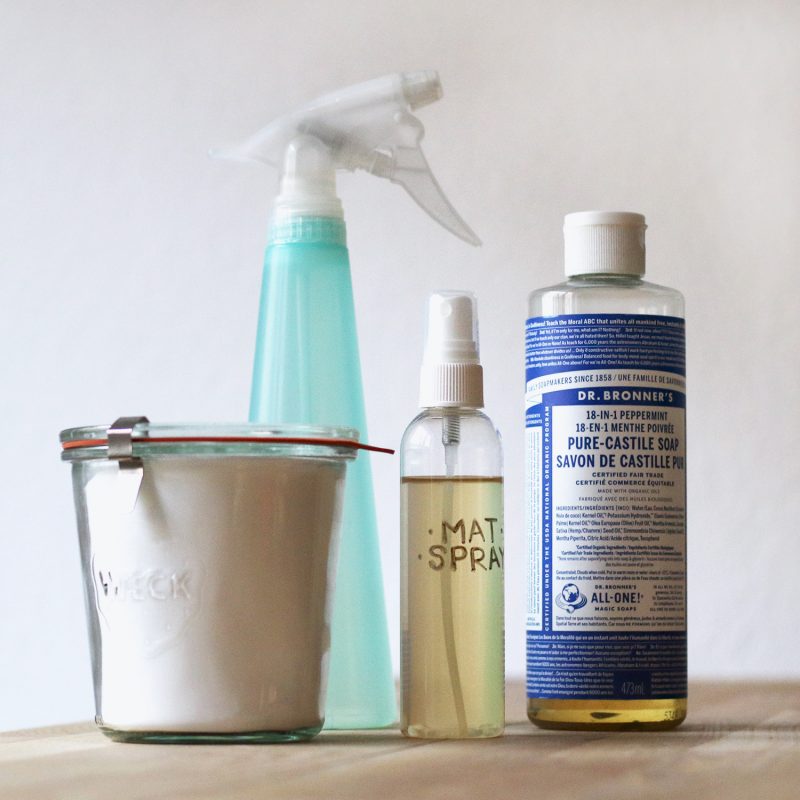 Simple, green cleaning products - vinegar, baking soda, and Dr. Bronner's liquid soap
