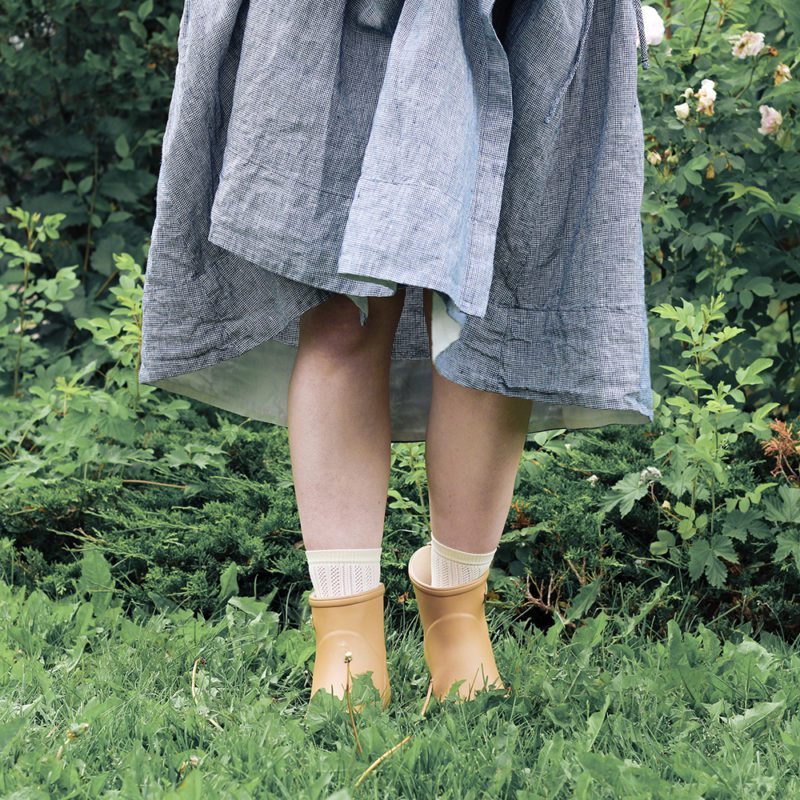 Linen wrap dress from Son de Flor with Alice + Whittles rubber boots and Swedish Stockings socks